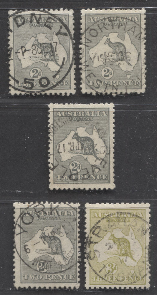 Lot 325 Australia SC#45/47 1915-1924 Kangaroo & Map Issue, Third Wmk, All With SON Town Cancels, Including Strahan, York, Northam, Sidney and Beverley, 5 Fine & VF Used Singles, Click on Listing to See ALL Pictures, Estimated Value $40