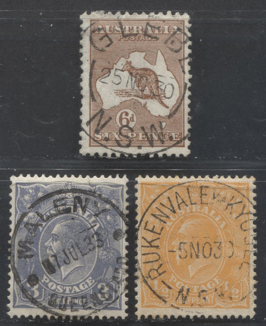 Lot 326 Australia SC#66/96 1926-1930 Kangaroo & Map Issue And King George V Profile Heads, Small Multiple Wmk, All With SON CDS Town Cancels, 3 VF Used Singles, Click on Listing to See ALL Pictures, Estimated Value $25