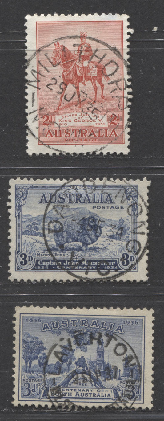 Lot 327 Australia SC#148/160 1934-1936 Macarthur - South Australia Centenary Issues, All With SON CDS Town Cancels, Including Laverton WA, Millthorp NSW And Dandenong, Vic, 3 VF Used Singles, Click on Listing to See ALL Pictures, Estimated Value $10