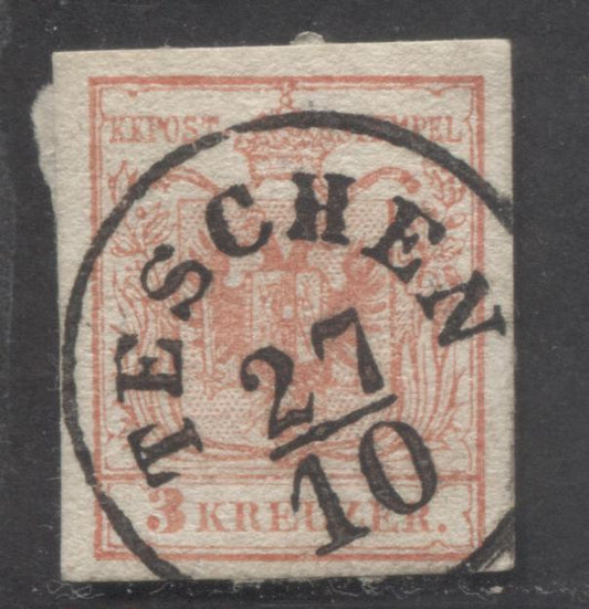 Lot 328 Austria - Poland SC#3e 3Kr Red 1854 Arms issue, Type III, Machine Made Paper, SON Teschen CDS, A VF Used Single, Click on Listing to See ALL Pictures, Estimated Value $10