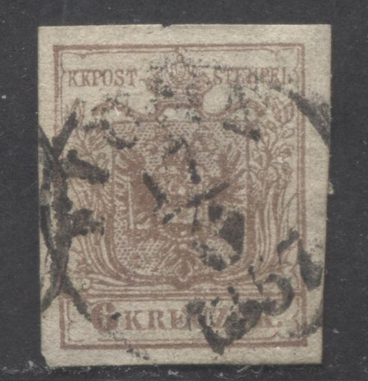 Lot 329 Austria - Fiume SC#6e 6Kr Pale Reddish Brown 1850 Arms issue, Handmade Paper, With June 17, 1857 Fiume CDS , A F/VF Used Single, Click on Listing to See ALL Pictures, Estimated Value $15