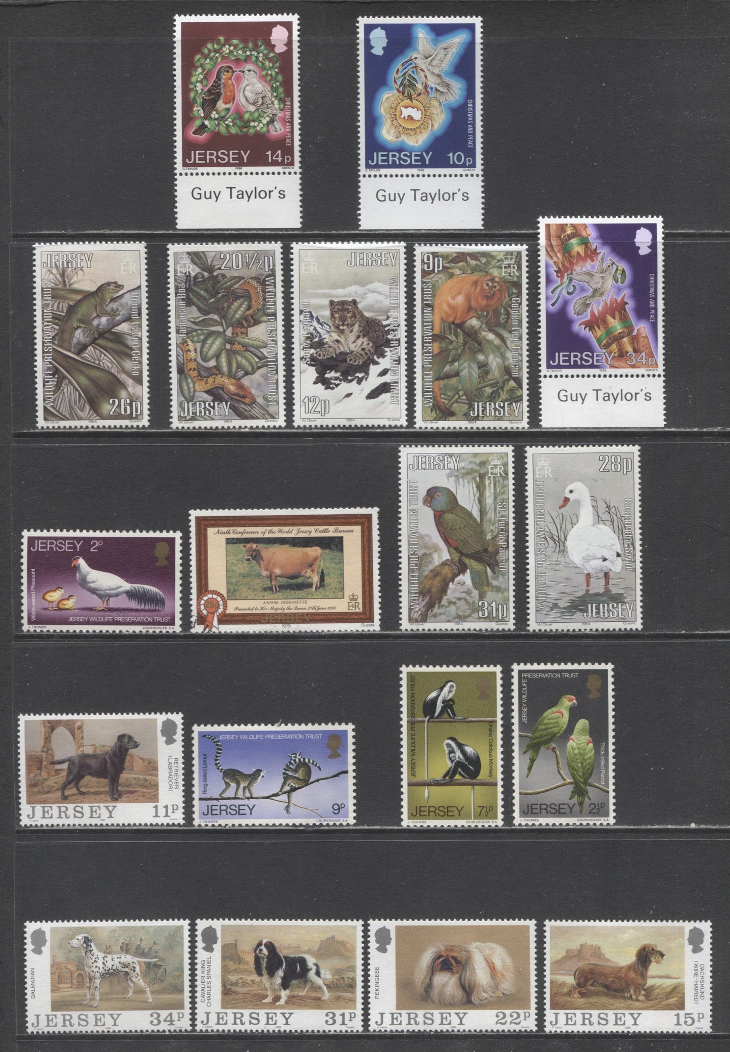 Lot 35 Great Britain - Jersey SC#49/451 1971-1988 Wildlife, Cows, Peace Year & Dog Club Issues, 19 VFOG Singles, Click on Listing to See ALL Pictures, 2017 Scott Cat. $16.7