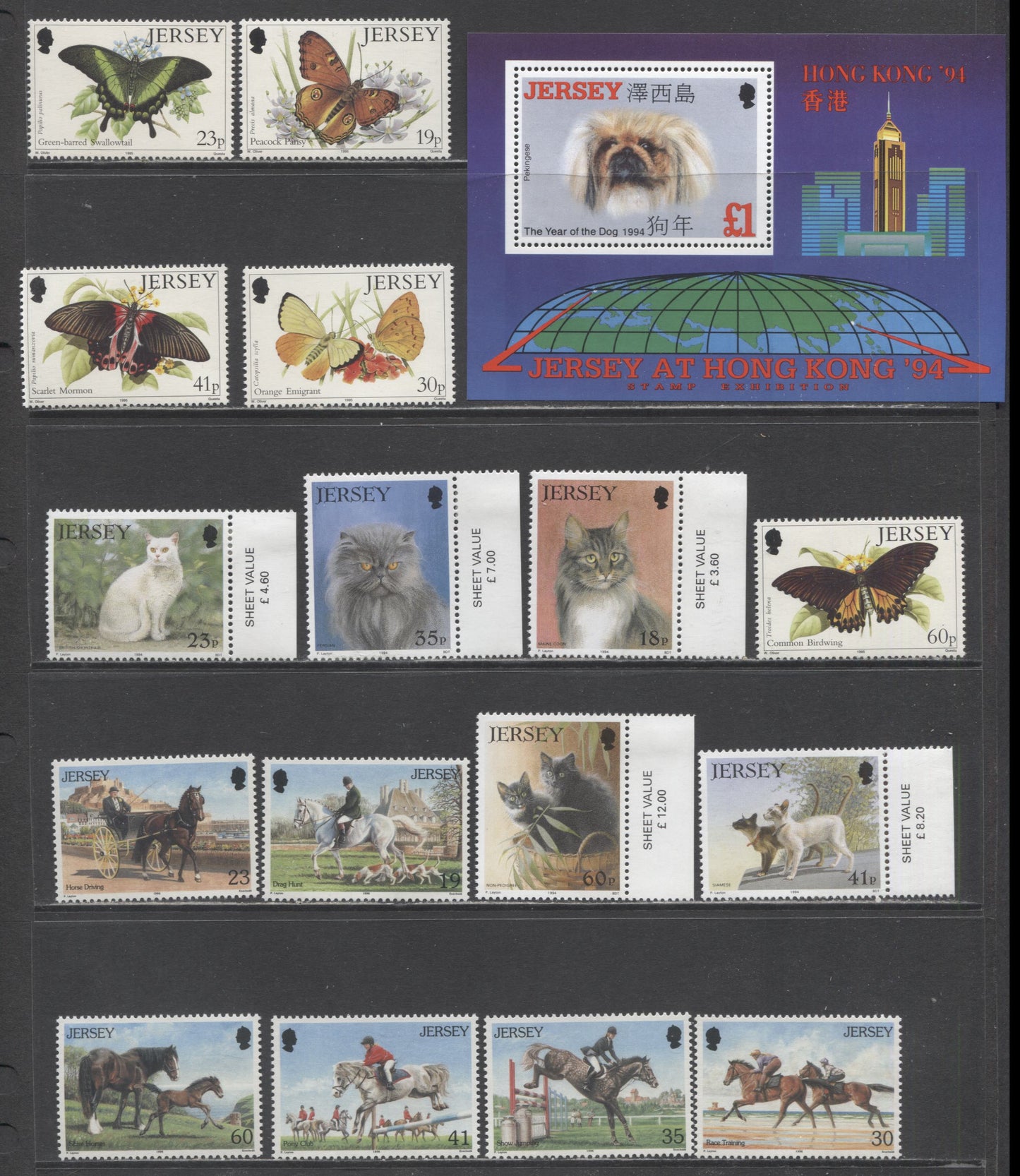 Lot 37 Great Britain - Jersey SC#660/731 1994-1996 Year Of The Dog, Cats, Butterflies/Moths & Horses Issues, 11 VFOG/NH Singles & Souvenir Sheet, Click on Listing to See ALL Pictures, 2017 Scott Cat. $19.9