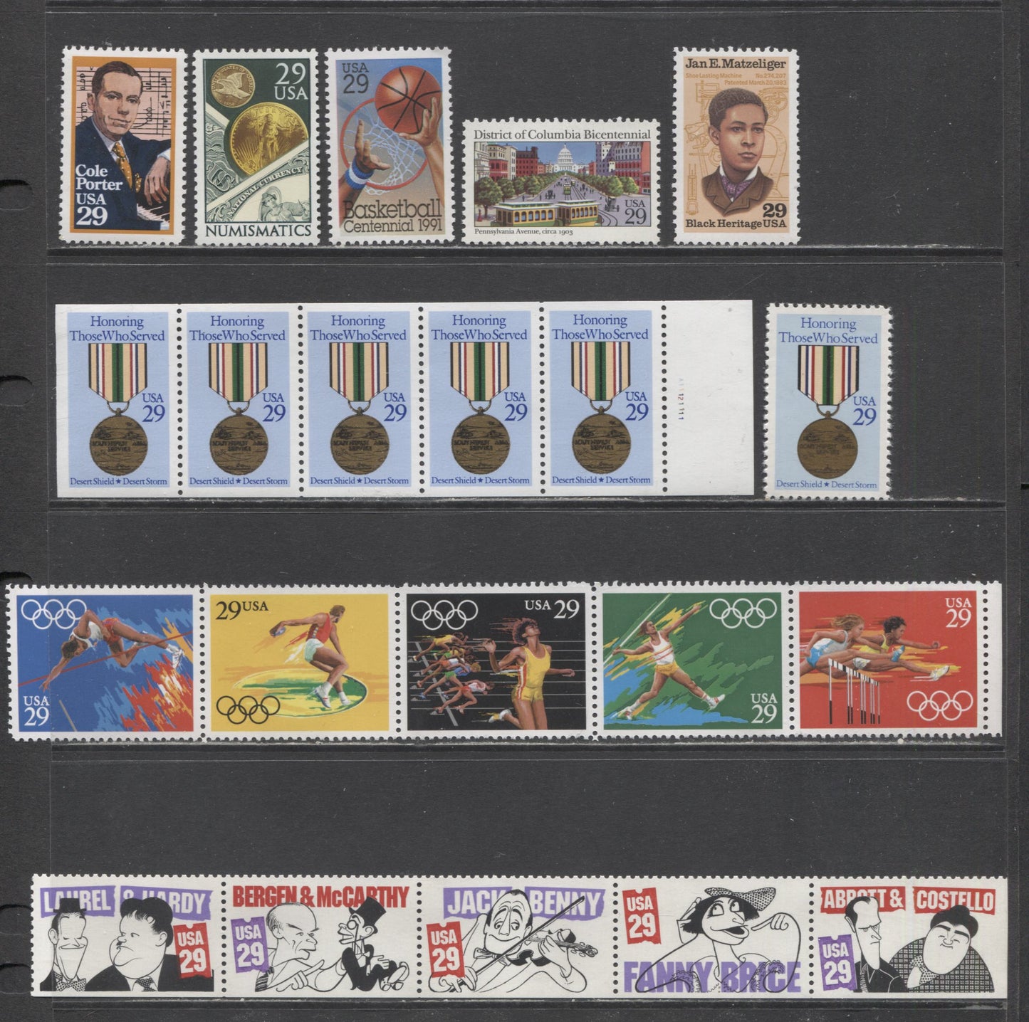 Lot 41 United States SC#2550/2566a 1991 Desert Shield/Storm, Cole Porter, Olympics, Basketball, District Of Columbia Bicentenary, Black Heritage & Comedians Issues, 9 VFNH Singles & Strips Of 5, 2017 Scott Cat. $14.6