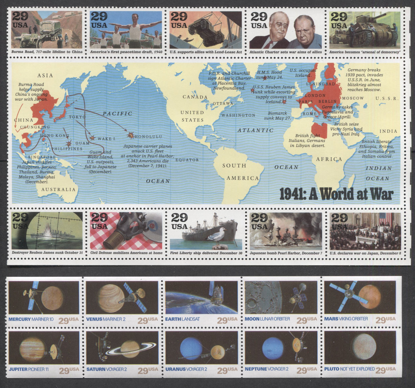 Lot 42 United States SC#2557a/2559 1991 WWII & Space Exploration Issues, 2 VFNH Blocks Of 10, Click on Listing to See ALL Pictures, 2017 Scott Cat. $16.5