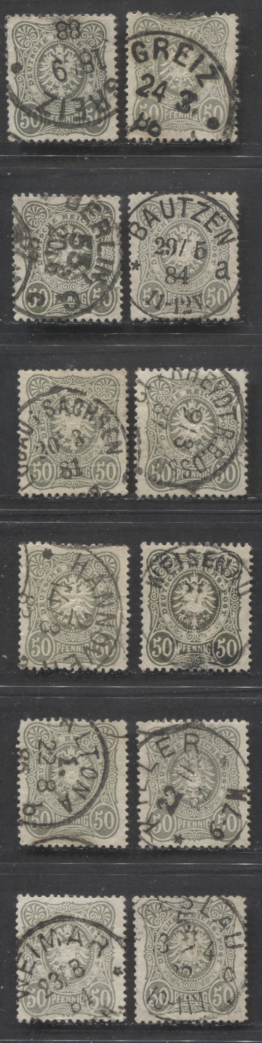 Lot 426 Germany SC#42 50pf Deep Greyish Olive Green, & Olive Green 1880-1883 Numeral & Eagle Pfenning Issue, All With SON Town Cancels, Including May 29, 1884 Bautzen In Almost Grey Shade, 12 VF Used Singles, Estimated Value $27