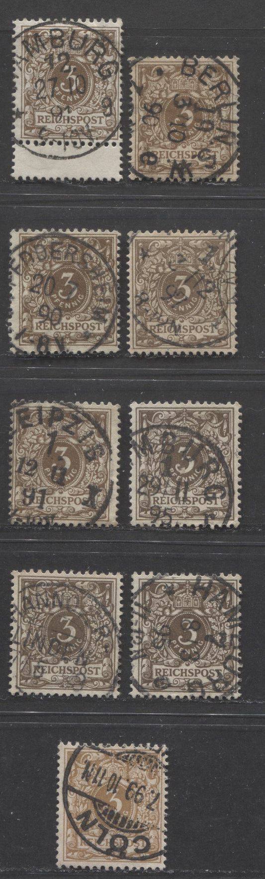 Lot 427 Germany SC#46 3pf Brown, Olive Brown & Yellow Brown 1889-1900 Numeral & Eagle Issue, All With SON Town Cancels, 9 Fine & VF Used Singles, Click on Listing to See ALL Pictures, Estimated Value $15