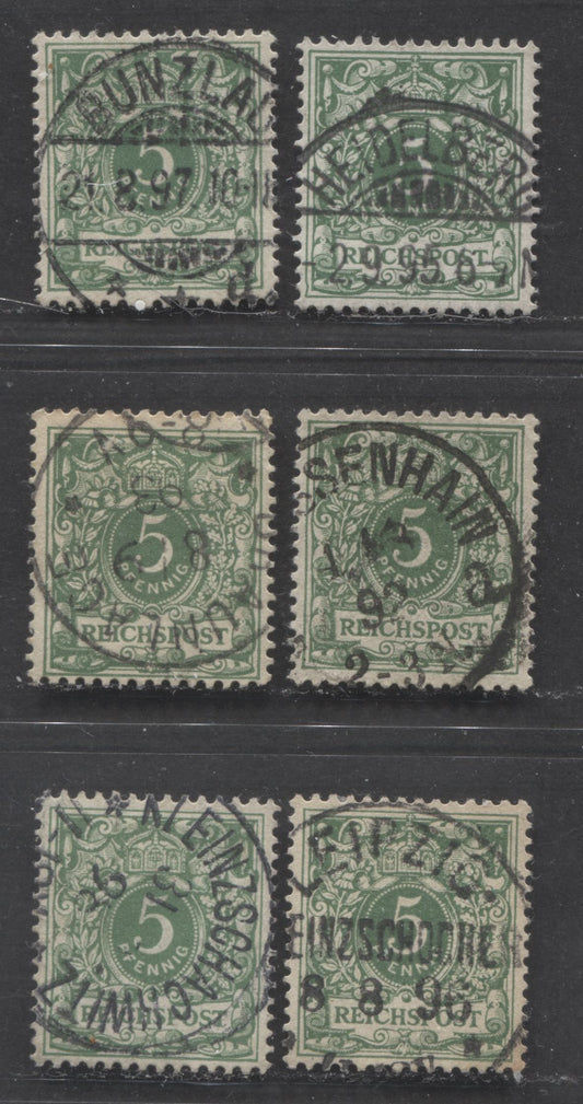 Lot 428 Germany SC#47a 5pf Yellow Green 1889-1900 Numeral & Eagle Issue, All With SON Town Cancels, 6 Fine & VF Used Singles, Click on Listing to See ALL Pictures, Estimated Value $10