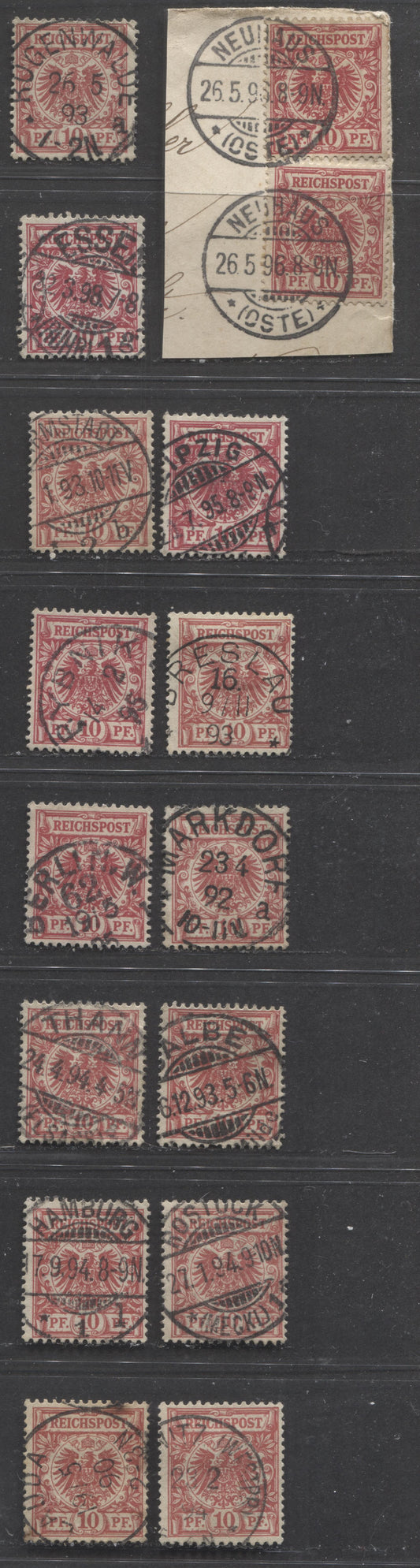 Lot 429 Germany SC#48 10pf Carmine & Rose Carmine 1889-1900 Numeral & Eagle Issue, All With SON Town Cancels, Including May 26, 1893 Rugenwalde, Poland, 14 Fine & VF Used Singles & Pair, Click on Listing to See ALL Pictures, Estimated Value $75