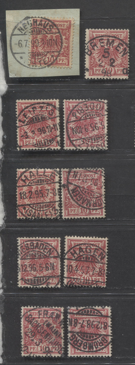 Lot 430 Germany SC#48 10pf Carmine 1889-1900 Numeral & Eagle Issue, All With SON Town And Railway Cancels, 10 Fine & VF Used Singles, Click on Listing to See ALL Pictures, Estimated Value $12