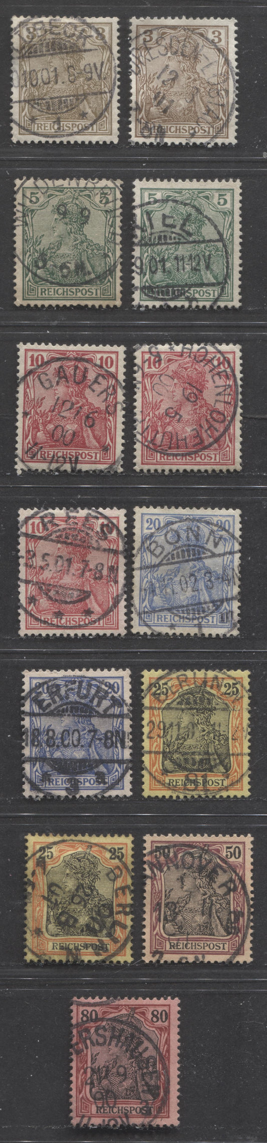 Lot 432 Germany SC#57/61 1900 Reichpost Germania Issue, All With SON Town Cancels, 13 VF Used Singles, Click on Listing to See ALL Pictures, 2022 Scott Classic Cat. $19.4
