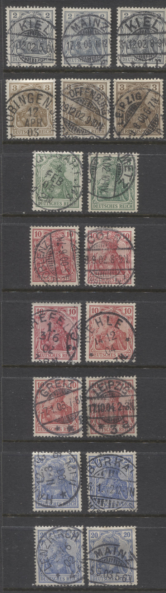 Lot 433 Germany SC#65C-69 1902 Unwatermarked Germania Issue, All With SON Town Cancels, Different Shades, 18 Fine & VF Used Singles, Click on Listing to See ALL Pictures, Estimated Value $20