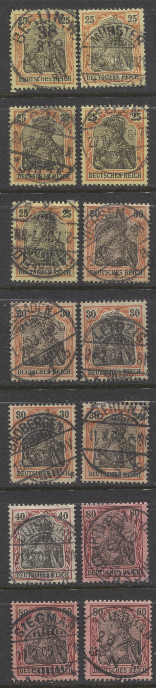 Lot 434 Germany SC#70/74 1902 Unwatermarked Germania Issue, All With SON Town Cancels, Different Shades, 14 Fine & VF Used Singles, Click on Listing to See ALL Pictures, 2022 Scott Classic Cat. $23.5
