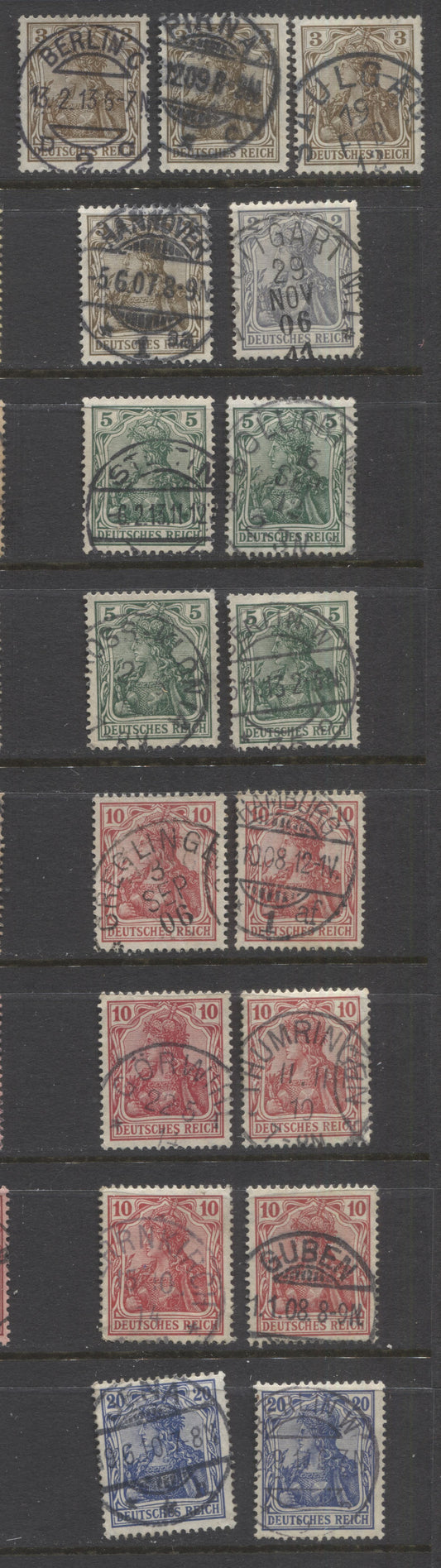 Lot 435 Germany SC#80-83h 1905-1914 Watermarked Pre-War Germania Issue, All With SON Town Cancels, Different Shades, 17 VF Used Singles, Click on Listing to See ALL Pictures, 2022 Scott Classic Cat. $25.6