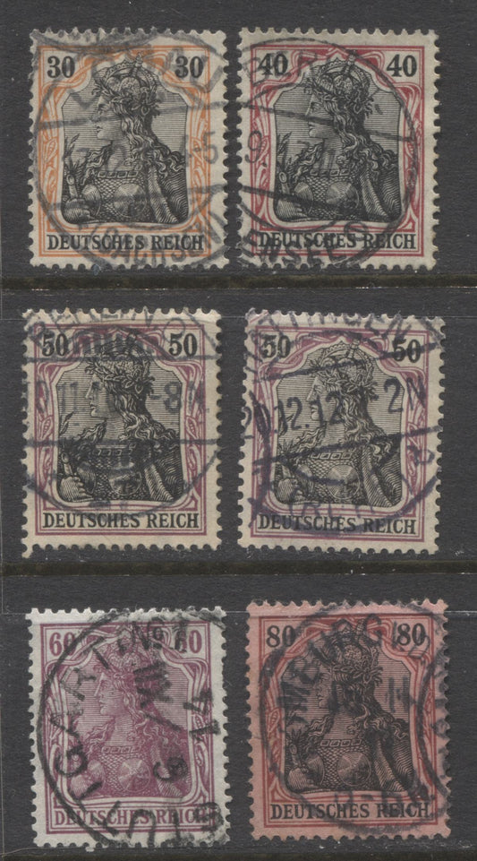 Lot 436 Germany SC#86b/91a 1905-1914 Watermarked Pre-War Germania Issue, All With SON Town Cancels, 6 Fine & VF Used Singles, Click on Listing to See ALL Pictures, Estimated Value $20
