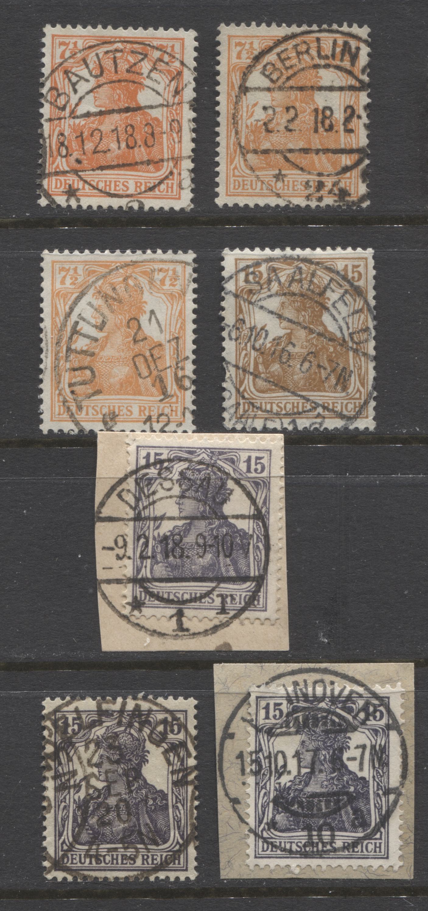 Lot 438 Germany SC#98/100 1916-1919 Watermarked Wartime Germania Issue, All With SON Town Cancels, 7 VF Used Singles, Click on Listing to See ALL Pictures, 2022 Scott Classic Cat. $15