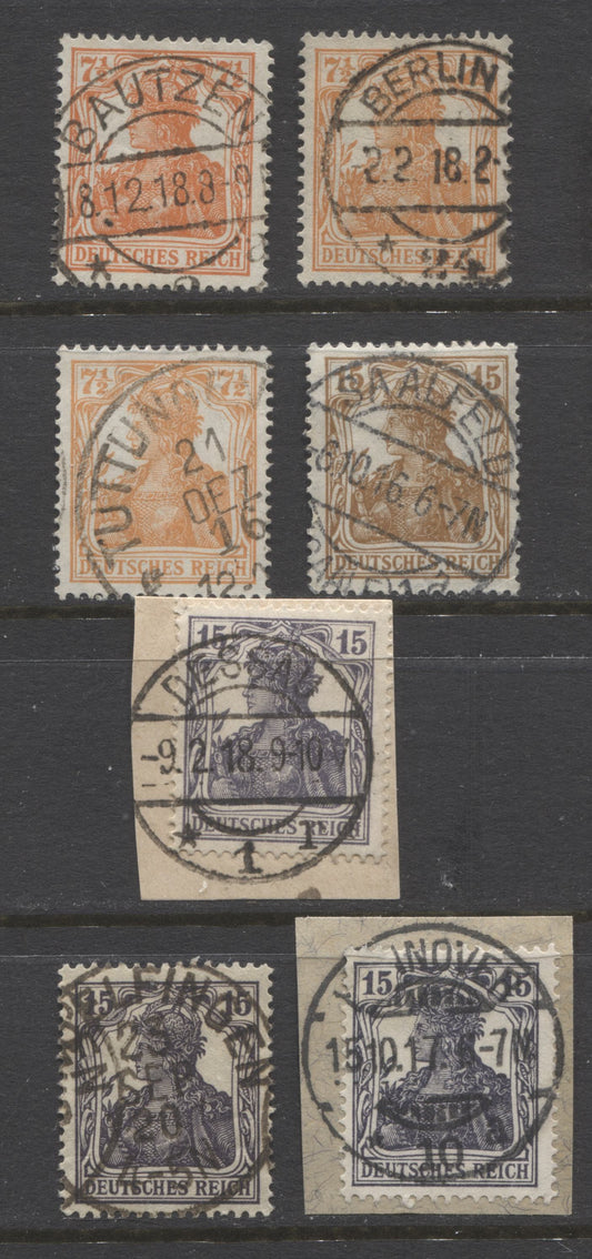 Lot 438 Germany SC#98/100 1916-1919 Watermarked Wartime Germania Issue, All With SON Town Cancels, 7 VF Used Singles, Click on Listing to See ALL Pictures, 2022 Scott Classic Cat. $15