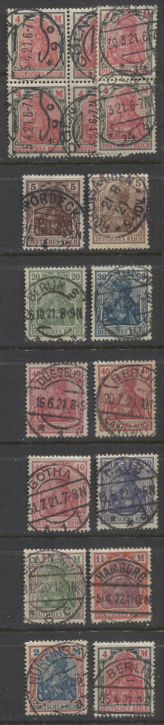 Lot 440 Germany SC#118/132 1920 Inflation Period Germania Issue, All With SON Town Cancels, 12 Fine & VF Used Singles, Pair, & Block of 4, Click on Listing to See ALL Pictures, Estimated Value $30