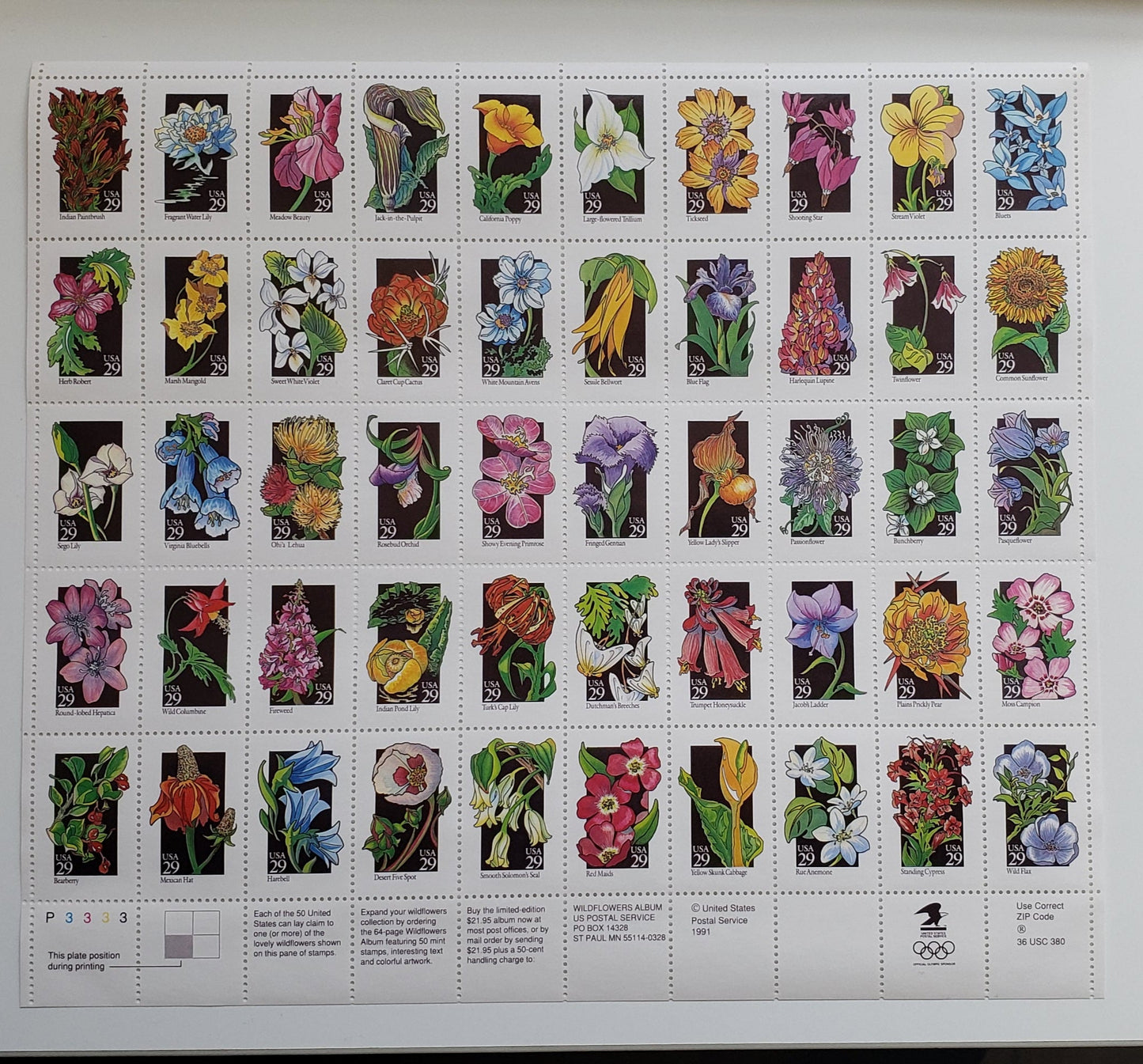 Lot 44 United States SC#2696a 29c Multicolored 1992 Wildflowers Issue, A VFNH Sheet Of 50, Click on Listing to See ALL Pictures, 2017 Scott Cat. $40