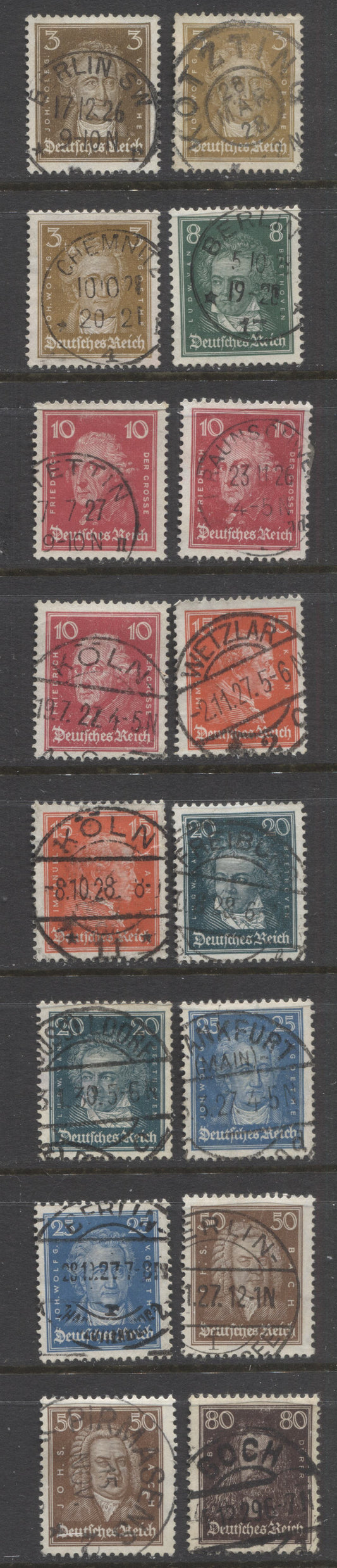 Lot 443 Germany SC#351/362 1926-1927 Famous German Men, All With SON Town Cancels, 16 VF Used Singles, Click on Listing to See ALL Pictures, 2022 Scott Classic Cat. $27.7