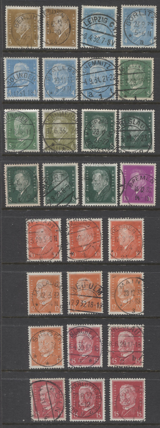 Lot 444 Germany SC#366-374 1928-1932 Ebert & Hindenburg Definitives, All With SON Town Cancels, 28 VF Used Singles, Click on Listing to See ALL Pictures, 2022 Scott Classic Cat. $25.4