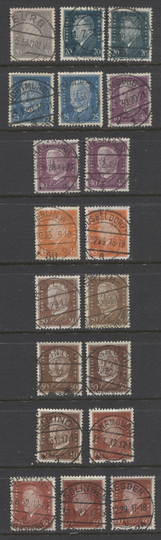 Lot 445 Germany SC#375/382 1928-1932 Ebert & Hindenburg Definitives, All With SON Town Cancels, 18 VF Used Singles, Click on Listing to See ALL Pictures, 2022 Scott Classic Cat. $41.15