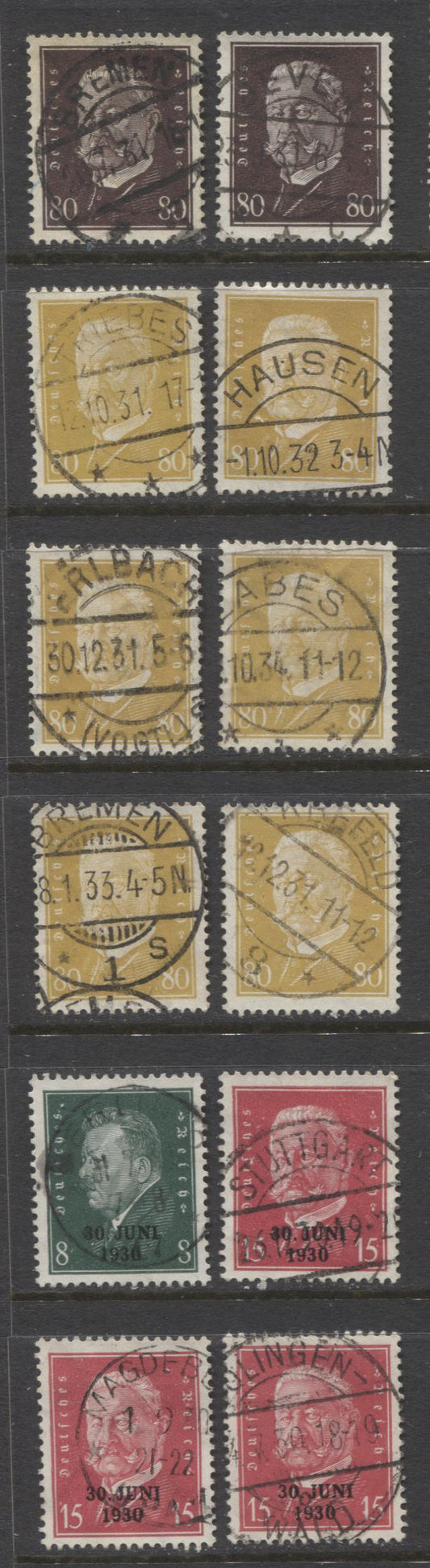 Lot 446 Germany SC#383-386 1928-1932 Ebert & Hindenburg Definitives & Rhineland Evacuation Issues, All With SON Town Cancels, 12 VF Used Singles, Click on Listing to See ALL Pictures, 2022 Scott Classic Cat. $30.6