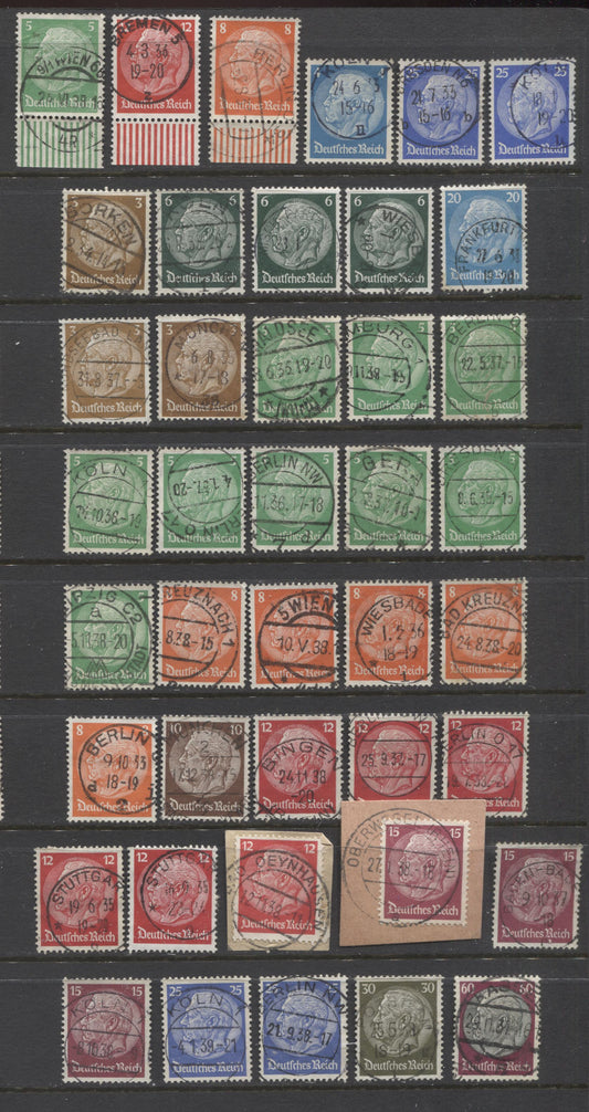 Lot 447 Germany SC#391/429 1932-1936 Hindenburg Definitives, All With SON Town Cancels, Network & Swastikas Wmk, Including an 8pf Swastikas Wmk With Open "D", 41 VF Used Singles, Click on Listing to See ALL Pictures, 2022 Scott Classic Cat. $23.9