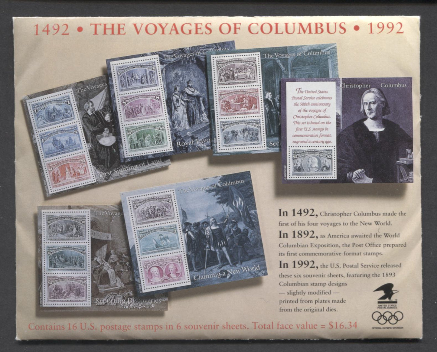 Lot 45 United States SC#2624-2629 1992 Columbus Voyager Issue, In Set, 6 VFNH Souvenir Sheets, Click on Listing to See ALL Pictures, 2017 Scott Cat. $20.5