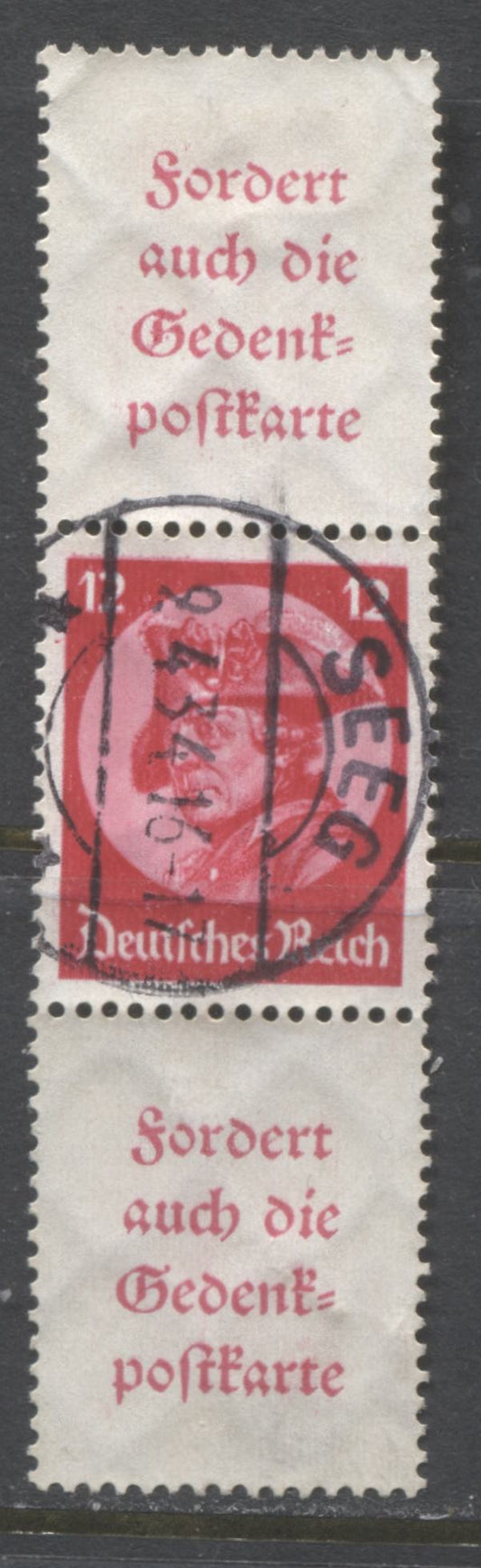 Lot 452 Germany SC#S103  1933 Potsdam Day, With April 2, 1934 Seeg CDS Cancel, A VF Used Booklet-Label Strip of 3, Click on Listing to See ALL Pictures, Estimated Value $100