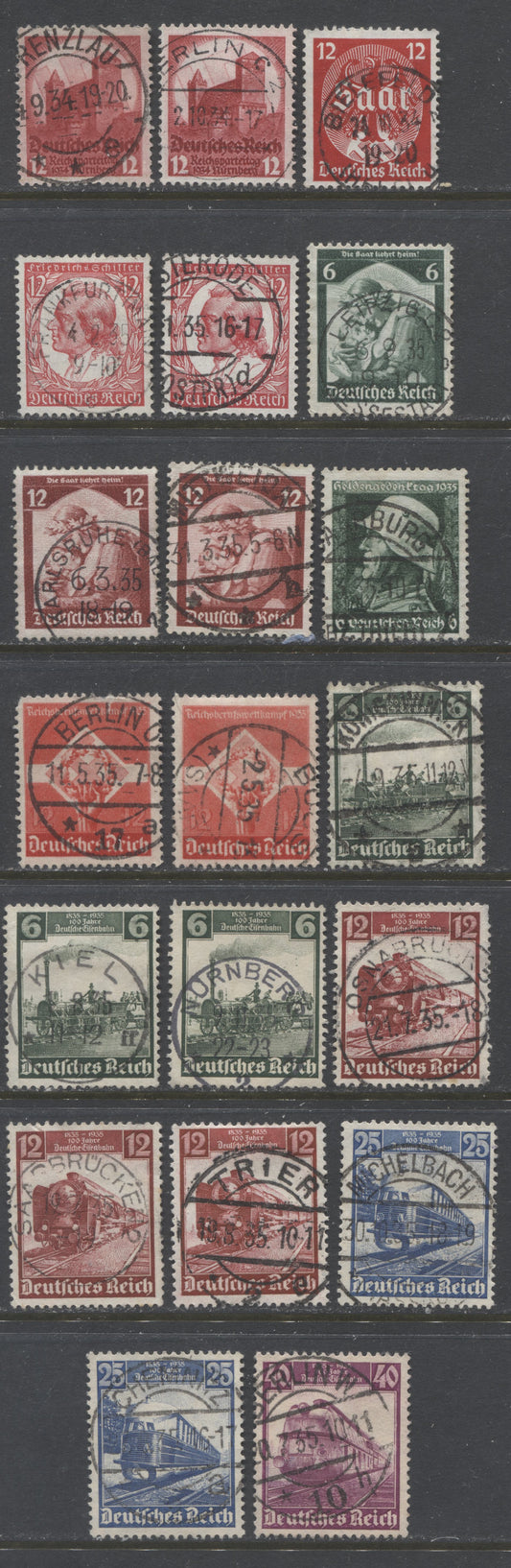 Lot 453 Germany SC#443/462 1934-1935 Nazi Congress Issue - Railroad Centenary Issues, All With SON Town Cancels, 20 VF Used Singles, Click on Listing to See ALL Pictures, 2022 Scott Classic Cat. $19.2
