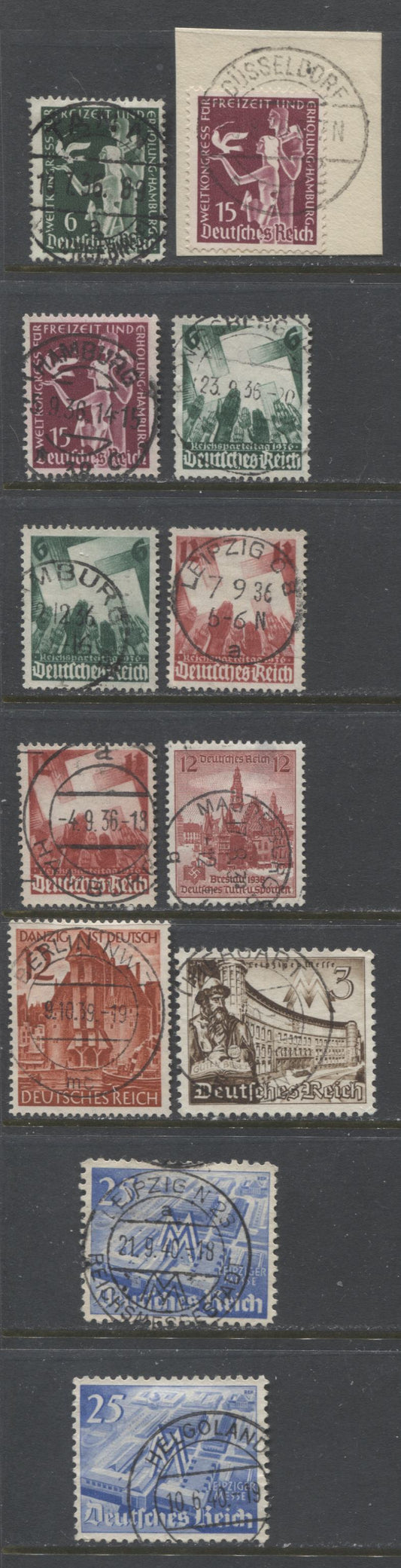 Lot 455 Germany SC#477/497 1936-1940 Vacation & Recreation Congress - Leipzig Fair Issues, All With SON Town Cancels, 12 VF Used Singles, Click on Listing to See ALL Pictures, Estimated Value $10