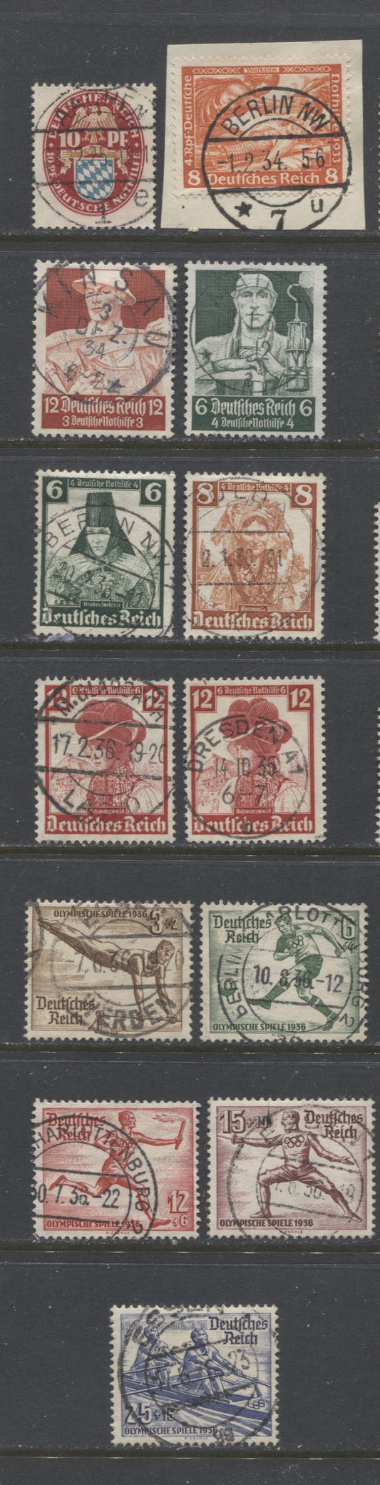 Lot 456 Germany SC#B13/B88 1925-1936 Arms - Olympics Semi-Postal Issues, All With SON Town Cancels, 13 VF Used Singles, Click on Listing to See ALL Pictures, 2022 Scott Classic Cat. $18.95