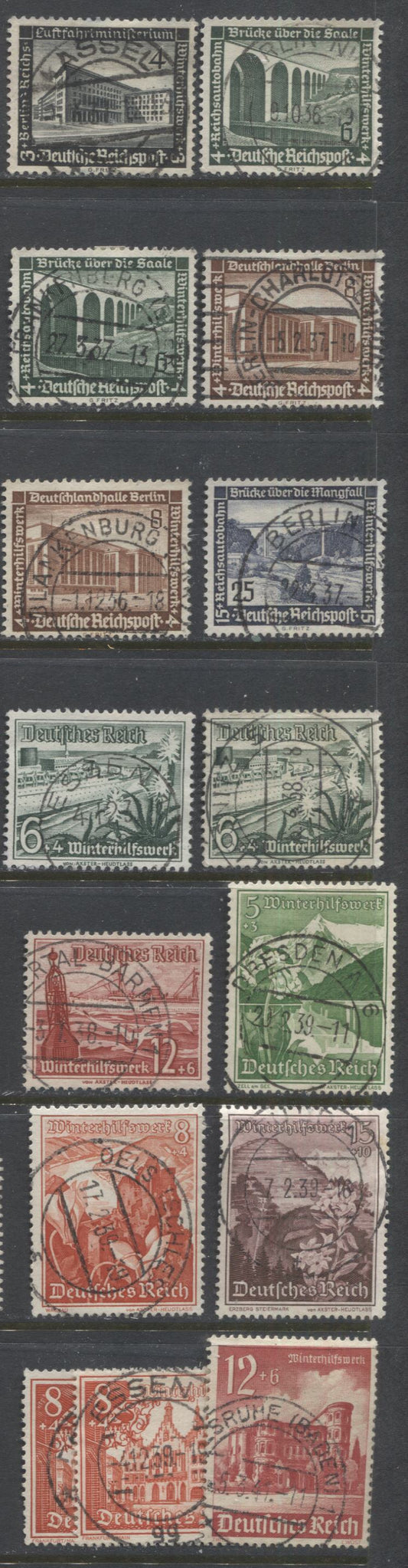 Lot 457 Germany SC#B94/B182 1936-1940 Semi-Postal Issues, All With SON Town Cancels, 15 VF Used Singles, Click on Listing to See ALL Pictures, 2022 Scott Classic Cat. $18.55