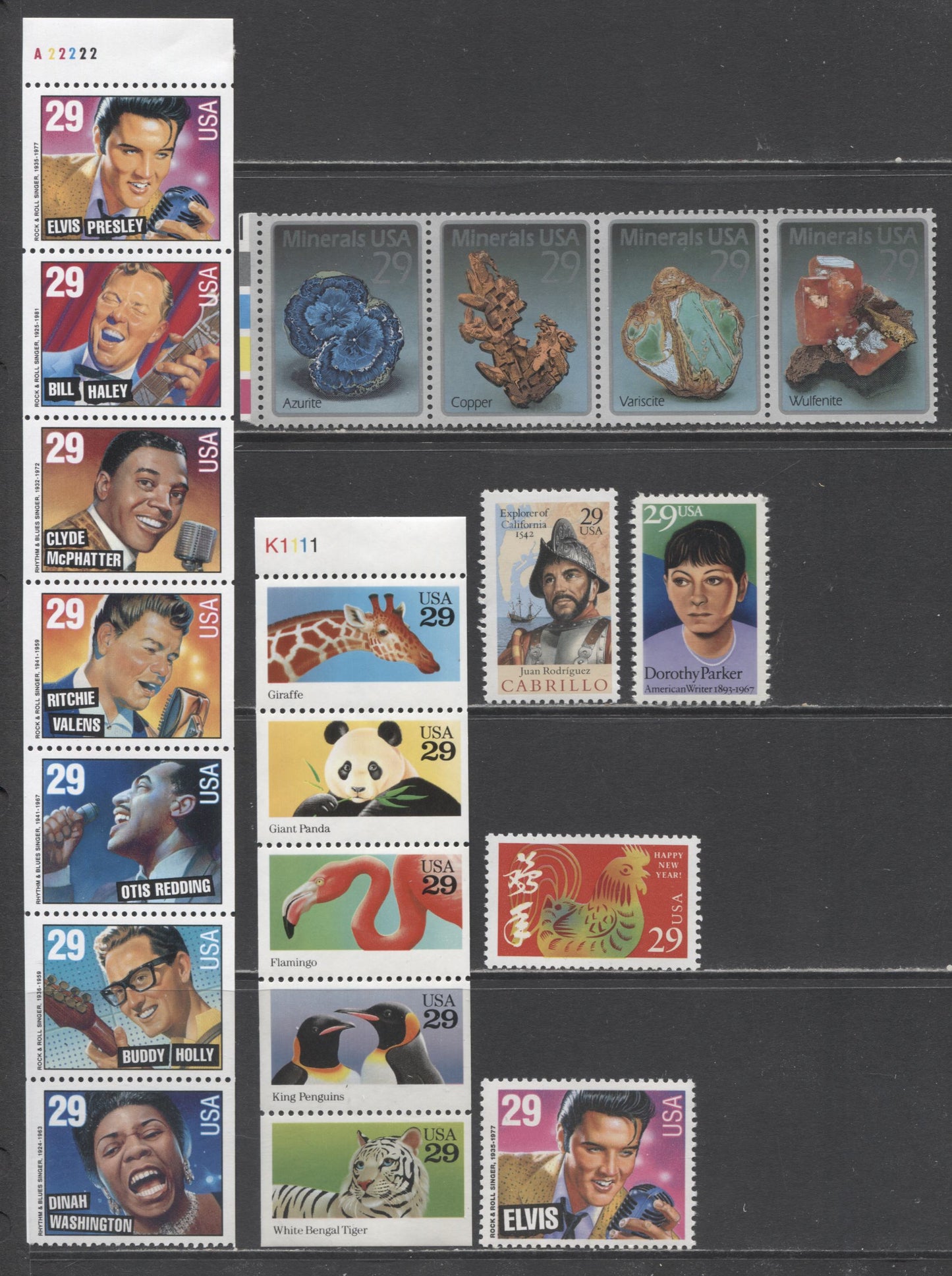 Lot 46 United States SC#2697/2730a 1992-1993 WWII, Literary Arts, Minerals, Cabrillo, Wild Animals, Chinese New Year & American Music Starts Issues, 8 VFNH Singles, Strips Of 4, 5 & 10, 2017 Scott Cat. $21.05