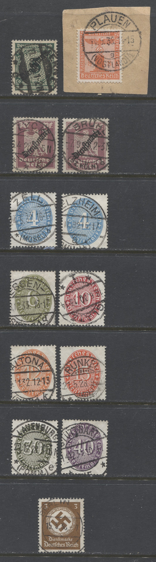 Lot 461 Germany SC#O48/S6 1923-1938 Official Overprints & Franchise Stamps, All With SON Town Cancels, 13 VF Used Singles, Click on Listing to See ALL Pictures, 2022 Scott Classic Cat. $17.15