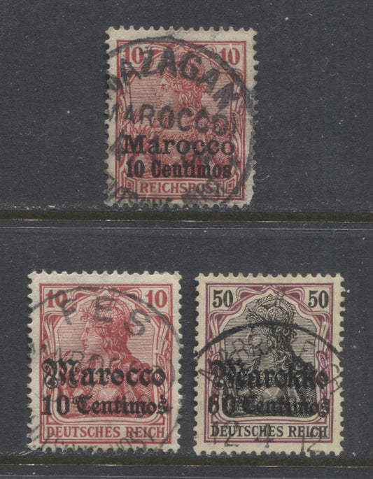 Lot 463 Germany - Offices in Morocco SC#9/52 1900-1911 Unwatermarked & Watermarked Germania Issue, All With SON Town Cancels, 3 VF Used Singles, Click on Listing to See ALL Pictures, 2022 Scott Classic Cat. $40.1