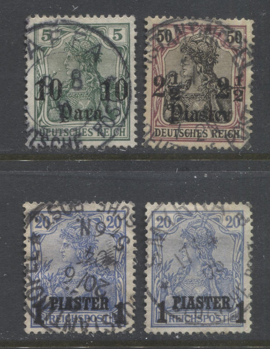 Lot 464 Germany - Offices In The Turkish Empire SC#27/49 1903-1912 Unwatermarked & Watermarked Germania Issue, All With SON Town Cancels, 4 VF Used Singles, Click on Listing to See ALL Pictures, 2022 Scott Classic Cat. $31.9
