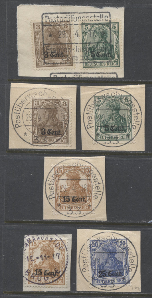 Lot 465 Germany - Occupation in France SC#N15  1916 Surcharged Germania Issue, All With SON Town Cancels, All On Piece, Various Spacings Betweeen Numerals & "Cent", 6 VF Used Singles, Click on Listing to See ALL Pictures, 2022 Scott Classic Cat. $9.5