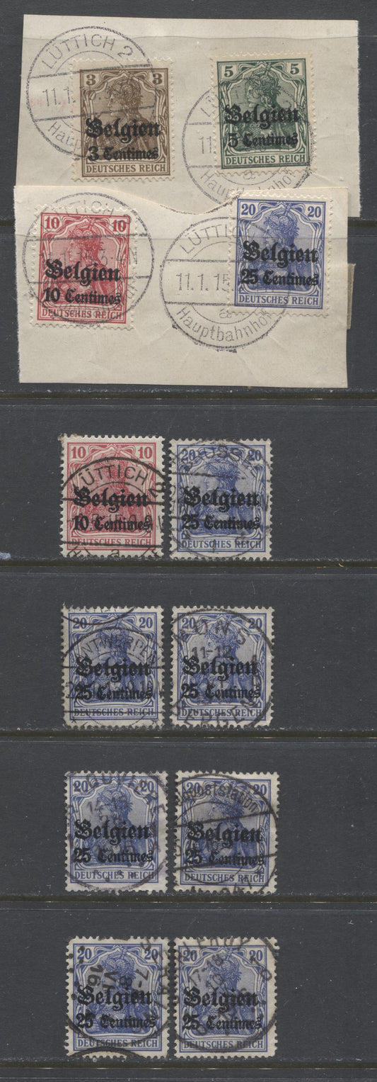 Lot 466 German Occupation of Belgium SC#N15  1914-1915 Surcharged Germania Issue, All With SON Town Cancels, Some On Piece, Various Spacings Betweeen Numerals & "Cent" On The 25c, 10 VF Used Singles, Estimated Value $25
