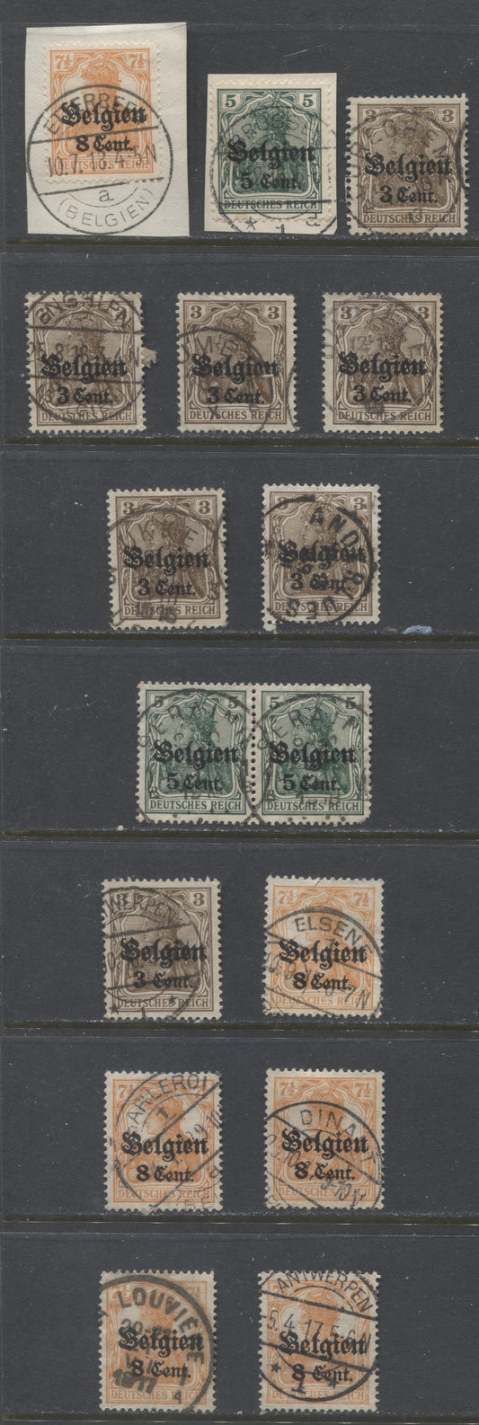 Lot 467 German Occupation of Belgium SC#N11  1916-1918 Surcharged Germania Issue, All With SON Town Cancels, 2 On Piece. Various Spacings Betweeen Numerals & "Cent" , 14 VF Used Singles & Pair,  Estimated Value $85