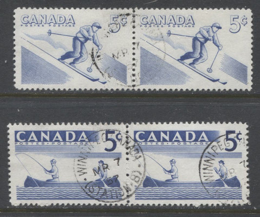 Lot 479 Canada #365i, 368i 5c  Ultramarine Canoeing & Skiing, 1957 Recreational Sports Issue, 2 VF Used Identical Pairs, Scarce, As Each Pane Contained At Most 1-2 Pairs, First Day Cancels