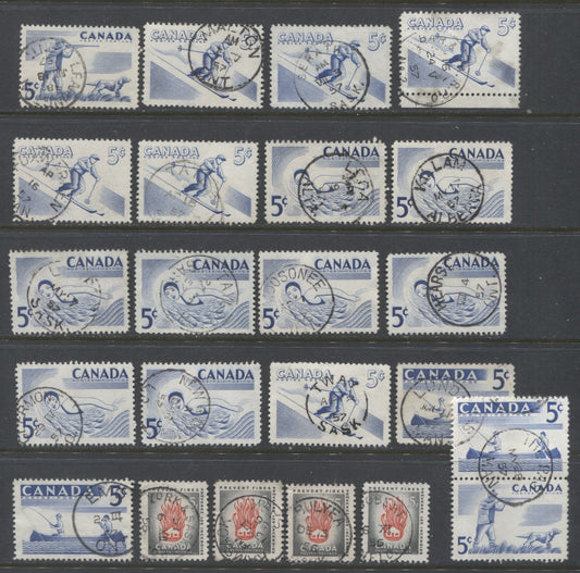 Lot 481 Canada #364-368 5c Ultramarine & Olive Grey & Vermilion Canoeing, Skiing, Fishing & Hunting, House On Fire, 1956-1957 Fire Prevention & Recreational Sports Issues, 21 VF Used Singles & 1 Pair, With SON Dated CDS Town/RPO Cancels & In-Period