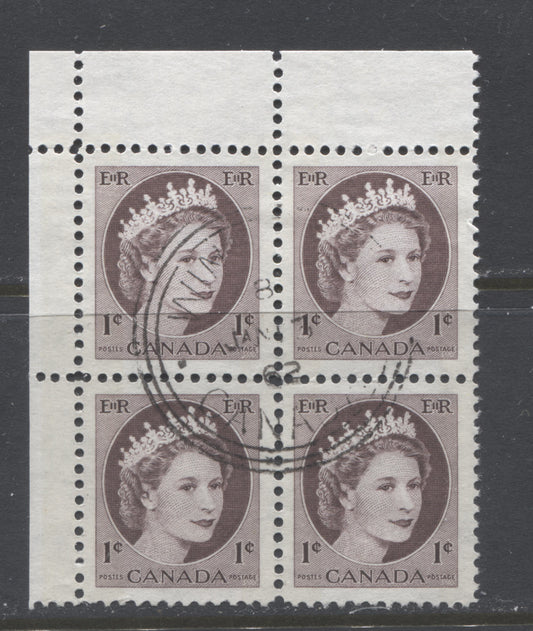 Lot 502 Canada #337iii 1c Violet Brown - Violet Queen Elizabeth II, 1954-1962  Wilding Issue, A Fine Used UR Tagged Corner Block, On Fluorescent Vertical Ribbed Paper, Winnipeg First Day Cancel