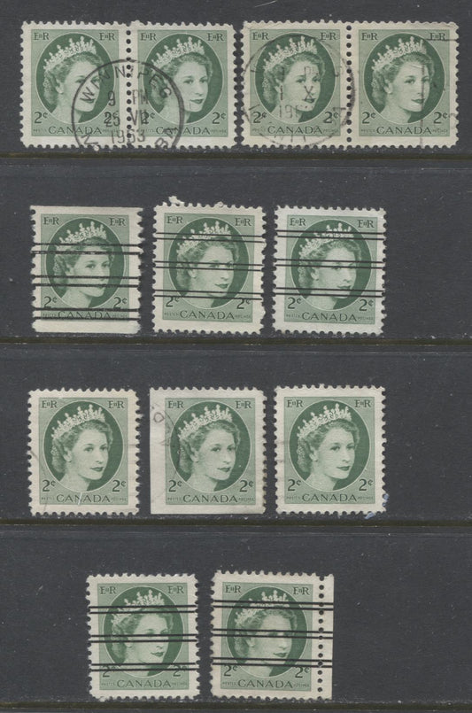 Lot 503 Canada #338v, p, xx, xxi, xxii, as, 345xx 2c Green Queen Elizabeth II, 1954-1962  Wilding Issue, 8 VF Used Singles & 2 Pairs, Winnipeg Tagged, Precancels, Including Fluorescent Paper