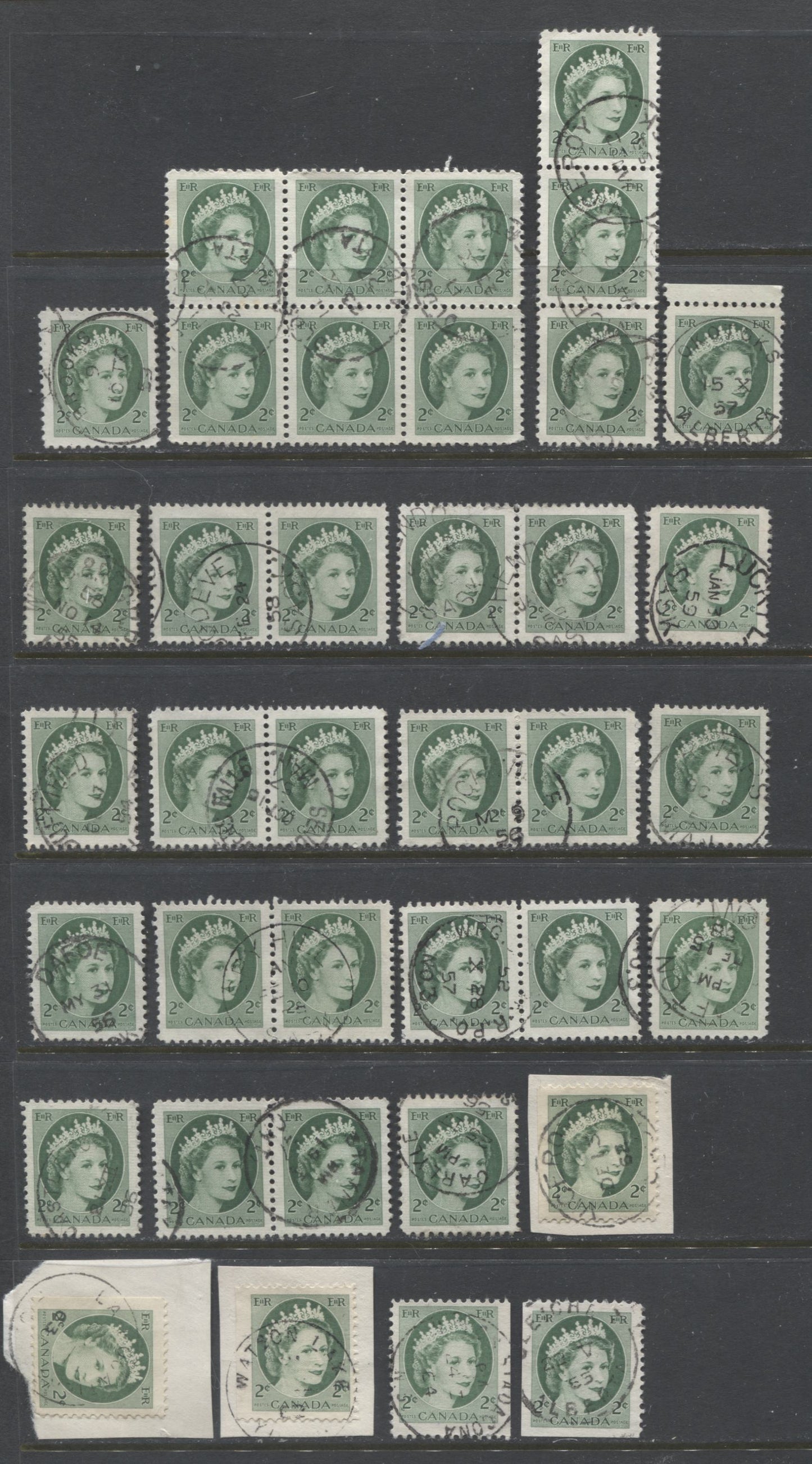 Lot 504 Canada #338, v, 338as 2c Green Queen Elizabeth II, 1954-1962  Wilding Issue, 15 VF Used Singles, Block Of 6, strip of 3 and 7 Pairs, With SON Dated CDS Town/RPO Cancels & In-Period