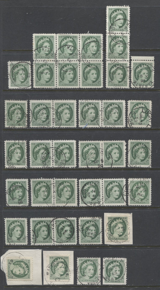 Lot 504 Canada #338, v, 338as 2c Green Queen Elizabeth II, 1954-1962  Wilding Issue, 15 VF Used Singles, Block Of 6, strip of 3 and 7 Pairs, With SON Dated CDS Town/RPO Cancels & In-Period