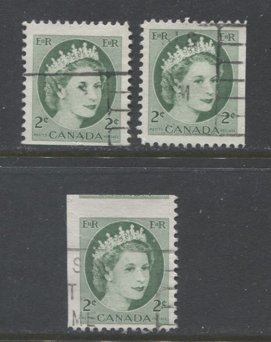 Lot 506 Canada #338asvar 2c Green Queen Elizabeth II, 1954-1962  Wilding Issue, 3 Fine & VF Used Singles, On Unlisted MF and HB Papers, Plus Miscut, Showing Portion Of Adjacent Stamp, ON DF Paper