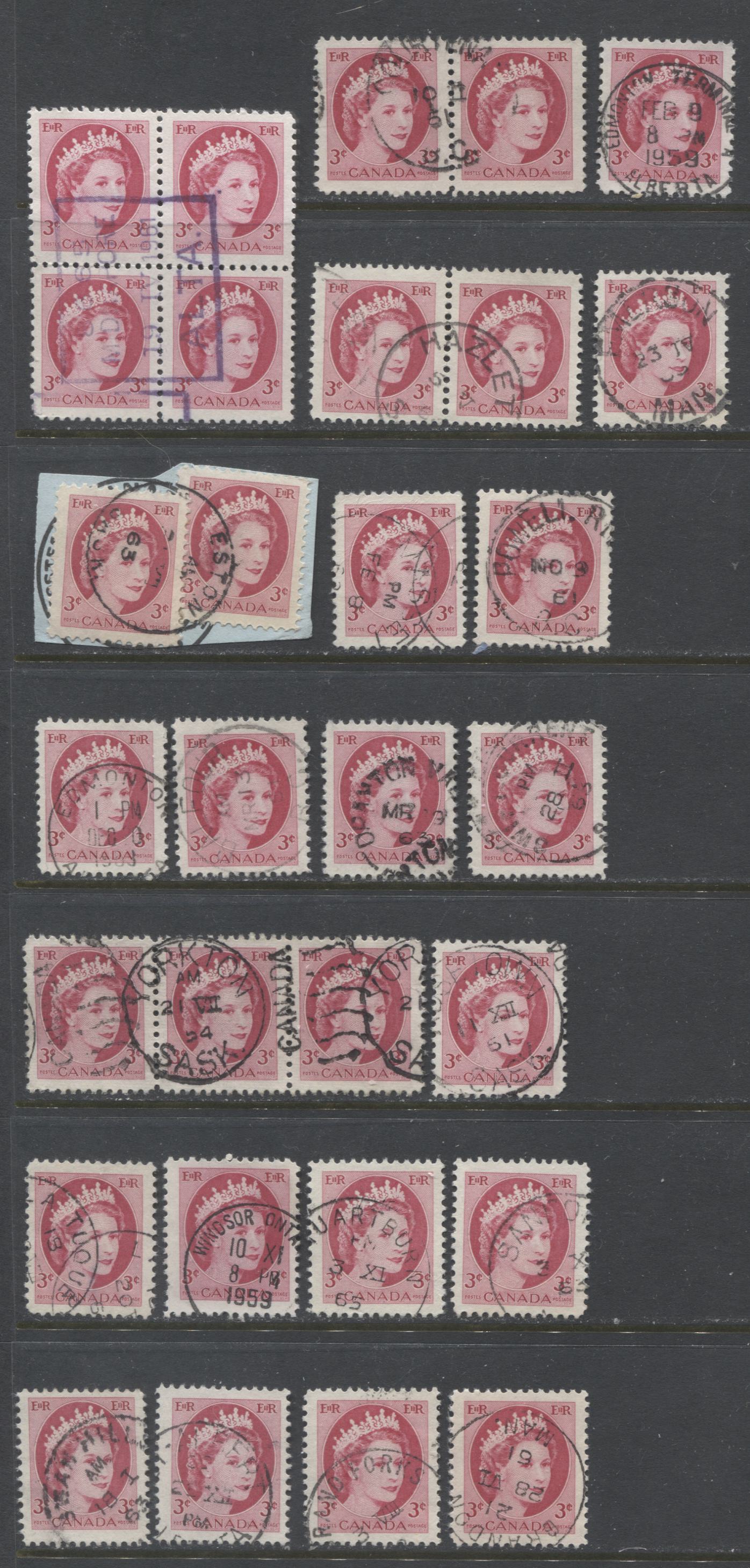 Lot 507 Canada #339, ii, iv 3c  Carmine Rose Queen Elizabeth II, 1954-1962  Wilding Issue, 19 VF Used Singles, Block Of 4, strip of 3 and 2 Pairs, With SON Dated CDS Town Cancels & In-Period, Including Speckled Fluorescent, HF & Fluorescent Papers