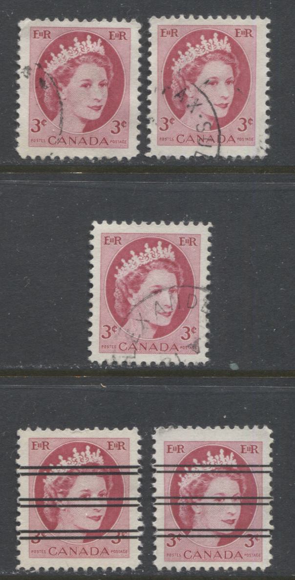 Lot 508 Canada #339ii, iii, xx 3c  Carmine Rose Queen Elizabeth II, 1954-1962  Wilding Issue, 5 VF Used Singles, On Fluorescent & HB Paper, Plus Precancelled in 2 Shades